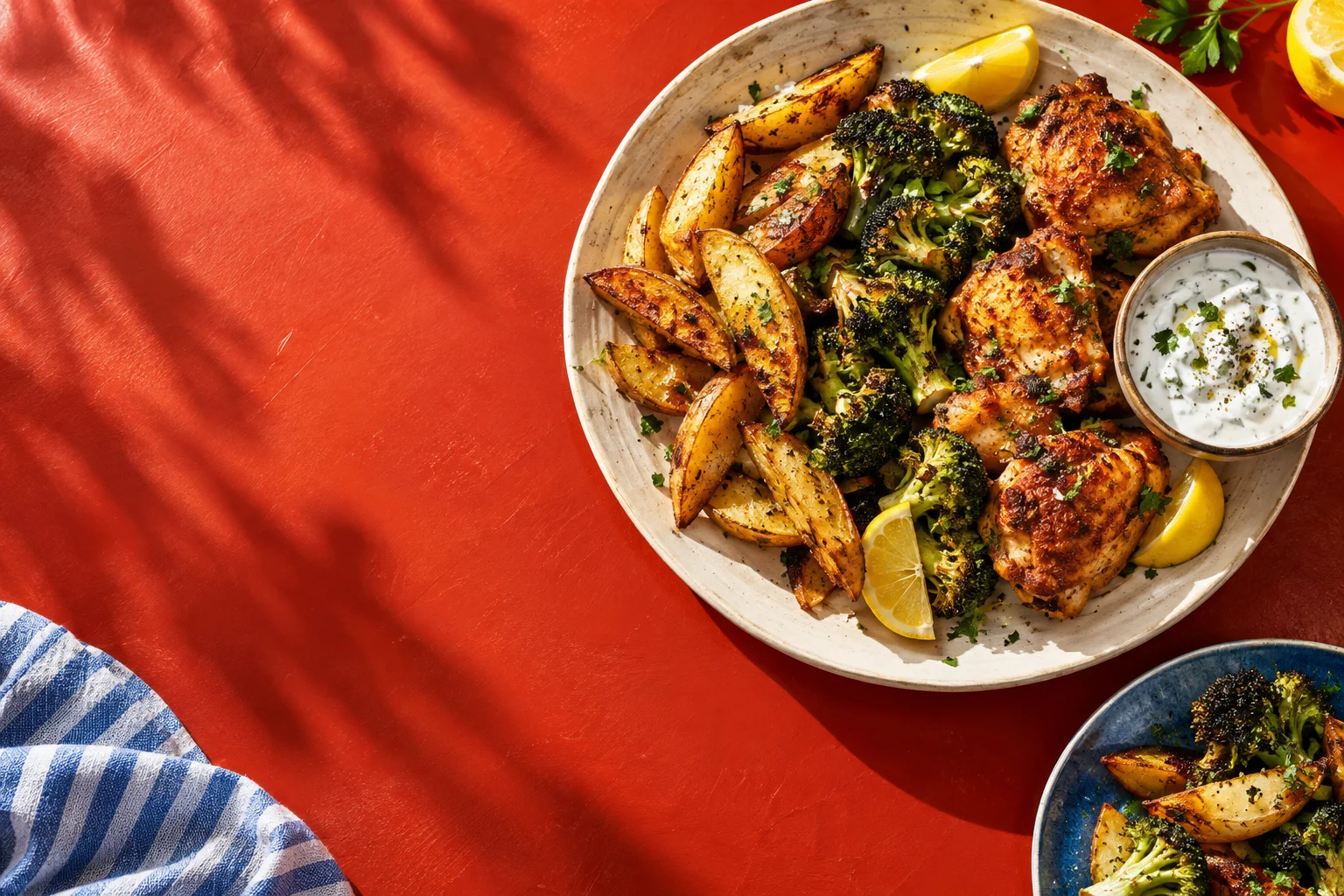Golden potatoes, chicken and charred vegetables on a sunlit red table